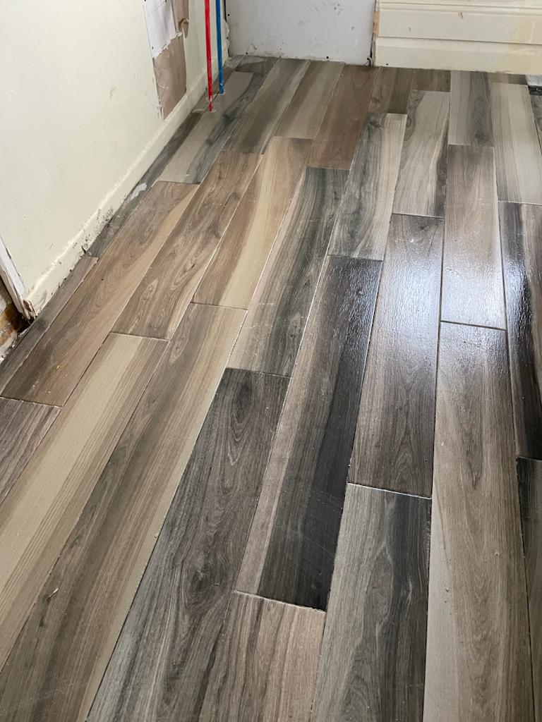 Wood-look plank tile flooring